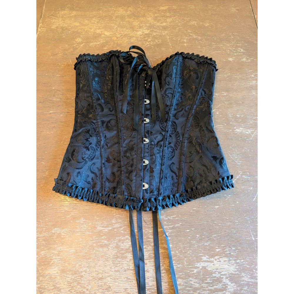 Black Jacquard Floral Corset Top Lace Up Back Small Victorian Goth ren faire
